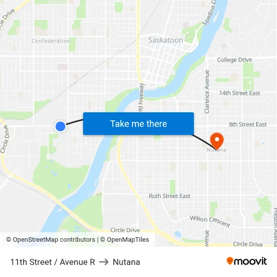 11th Street / Avenue R to Nutana map