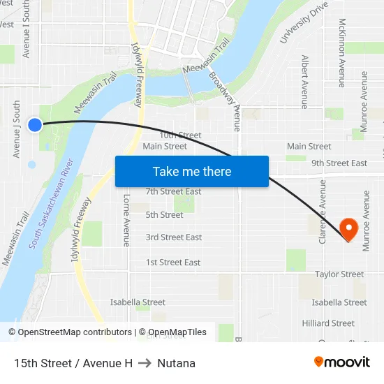 15th Street / Avenue H to Nutana map