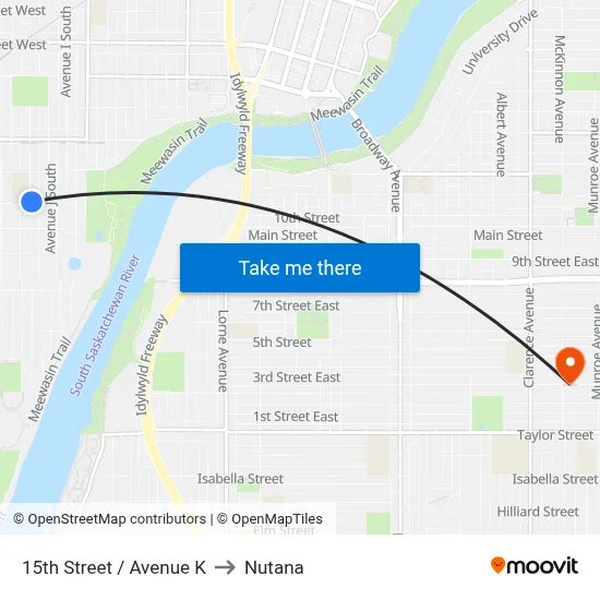 15th Street / Avenue K to Nutana map