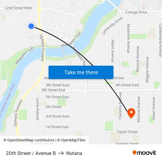 20th Street / Avenue B to Nutana map