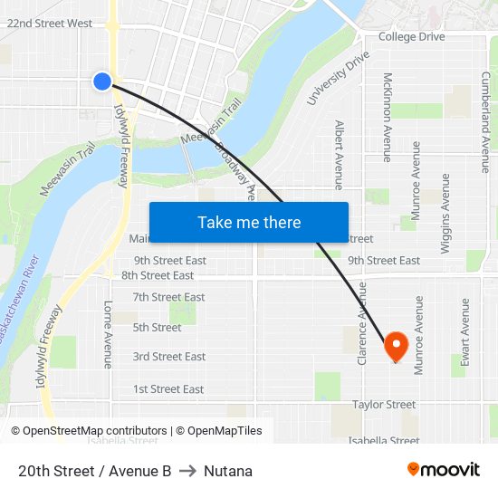 20th Street / Avenue B to Nutana map