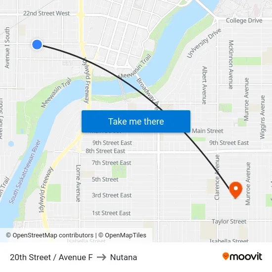 20th Street / Avenue F to Nutana map