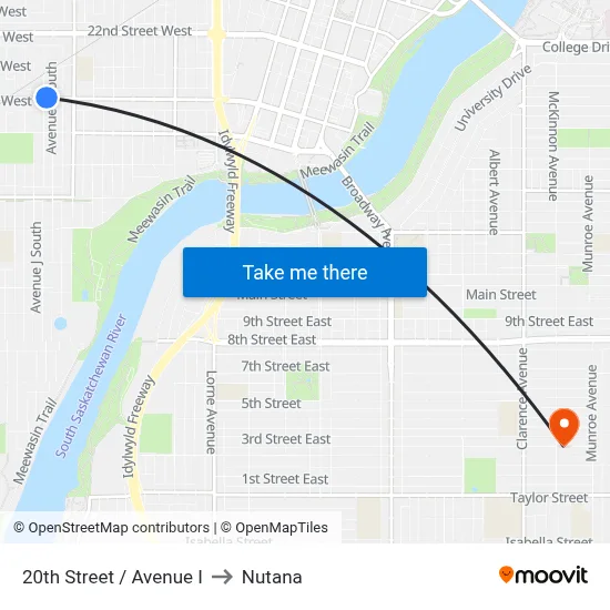 20th Street / Avenue I to Nutana map