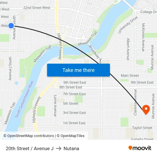 20th Street / Avenue J to Nutana map