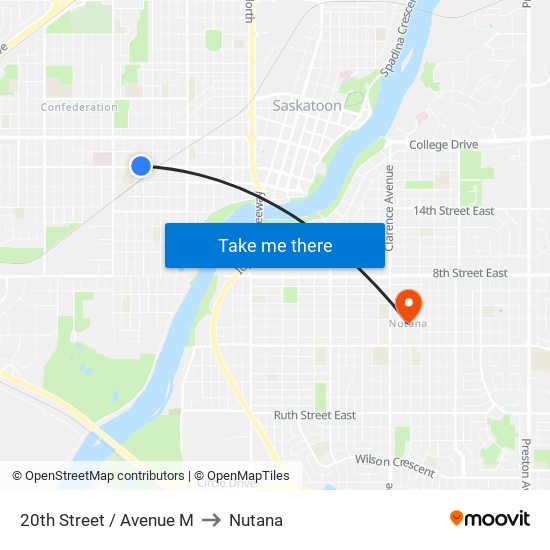 20th Street / Avenue M to Nutana map