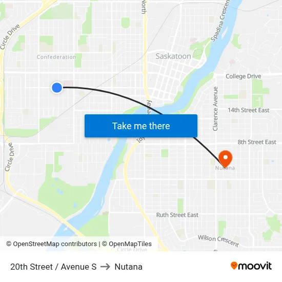 20th Street / Avenue S to Nutana map