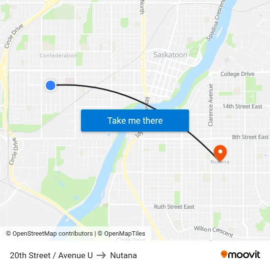 20th Street / Avenue U to Nutana map