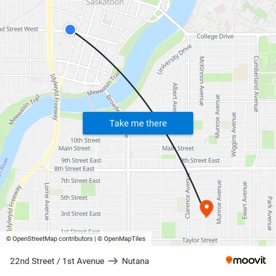 22nd Street / 1st Avenue to Nutana map