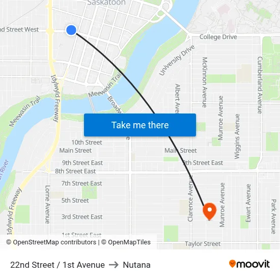 22nd Street / 1st Avenue to Nutana map