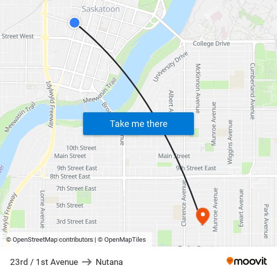 23rd / 1st Avenue to Nutana map