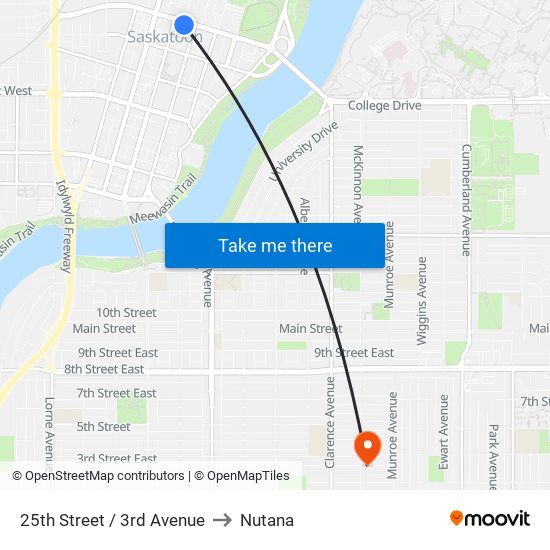 25th Street / 3rd Avenue to Nutana map