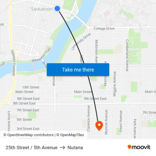 25th Street / 5th Avenue to Nutana map