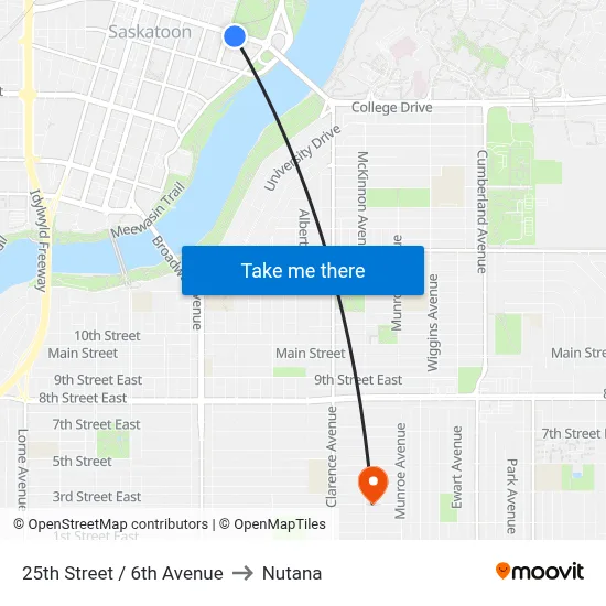 25th Street / 6th Avenue to Nutana map