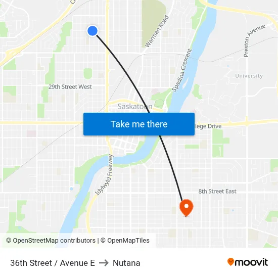 36th Street / Avenue E to Nutana map