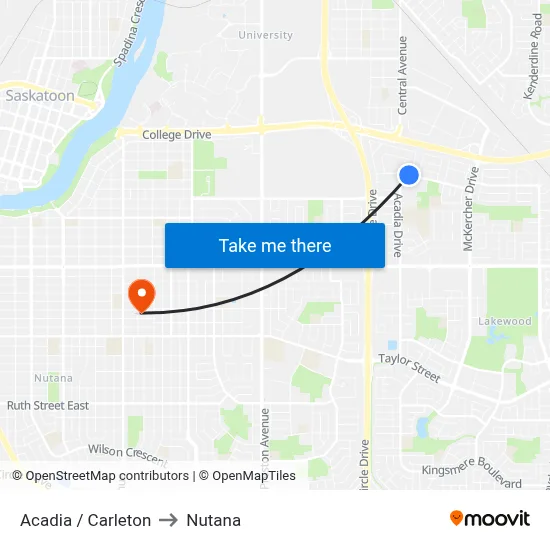 Acadia / Carleton to Nutana map