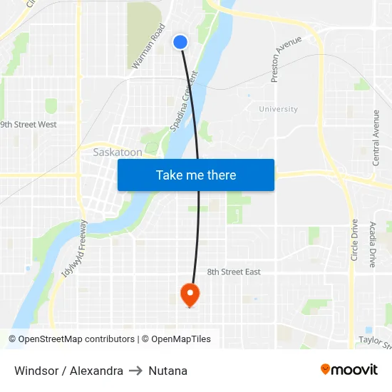 Windsor / Alexandra to Nutana map