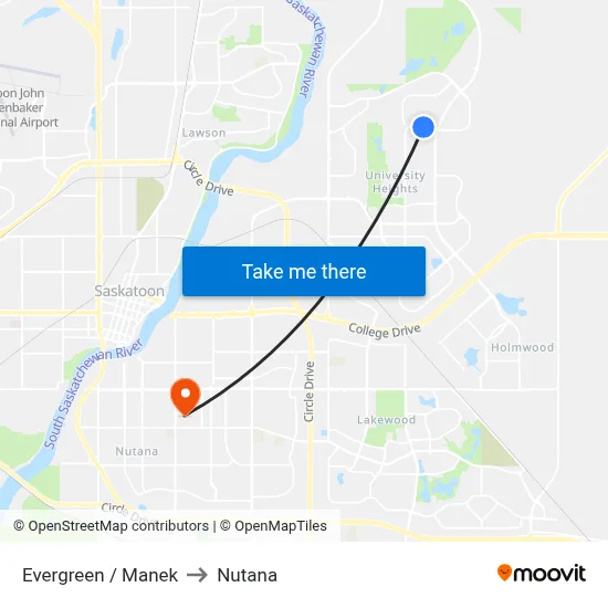 Evergreen / Manek to Nutana map