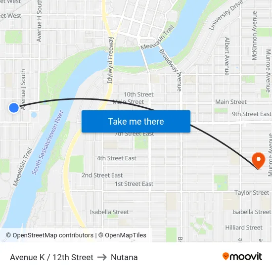 Avenue K / 12th Street to Nutana map