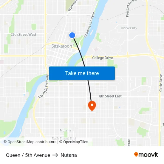 Queen / 5th Avenue to Nutana map