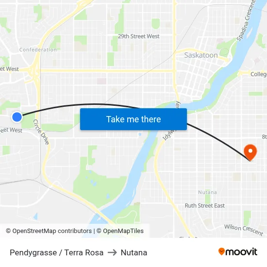 Pendygrasse / Terra Rosa to Nutana map