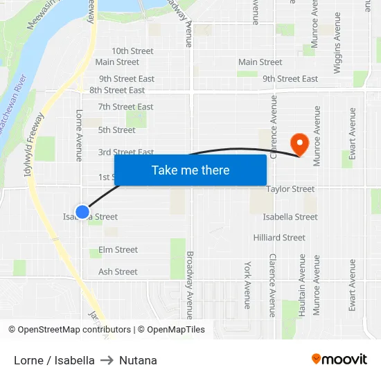 Lorne / Isabella to Nutana map