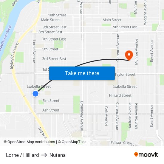 Lorne / Hilliard to Nutana map