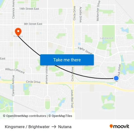 Kingsmere / Brightwater to Nutana map