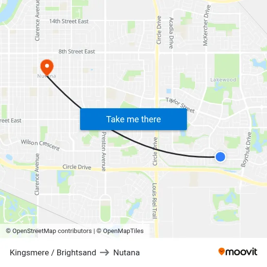 Kingsmere / Brightsand to Nutana map