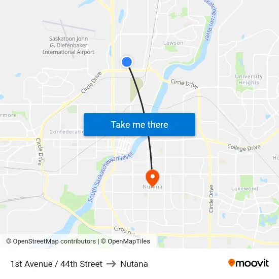 1st Avenue / 44th Street to Nutana map
