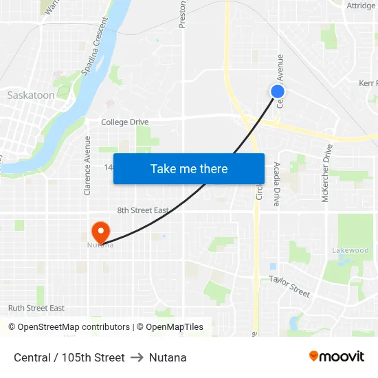 Central / 105th Street to Nutana map