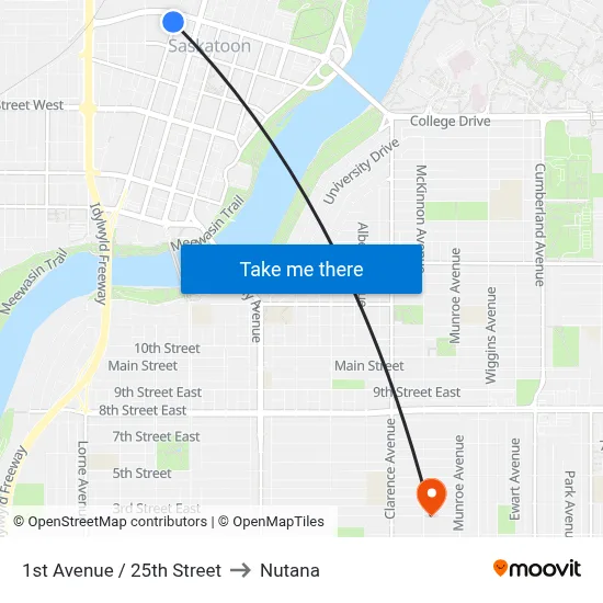1st Avenue / 25th Street to Nutana map