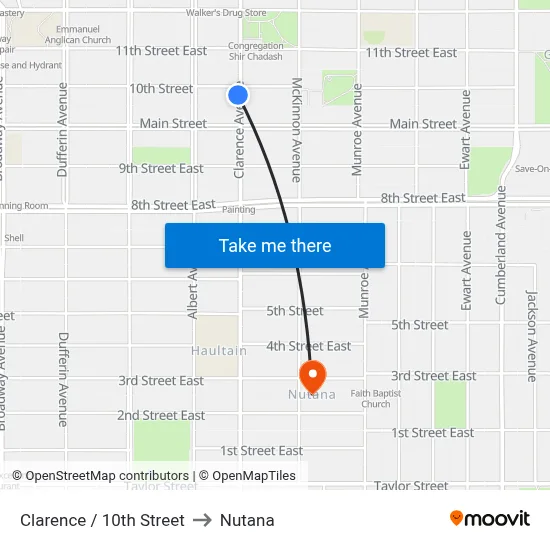 Clarence / 10th Street to Nutana map
