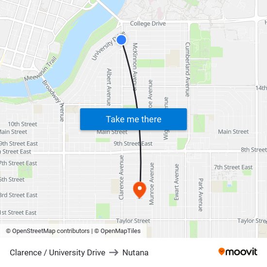 Clarence / University Drive to Nutana map