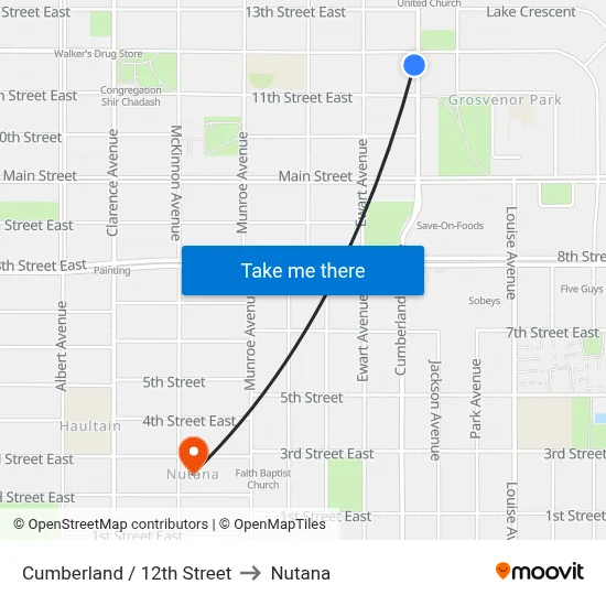 Cumberland / 12th Street to Nutana map