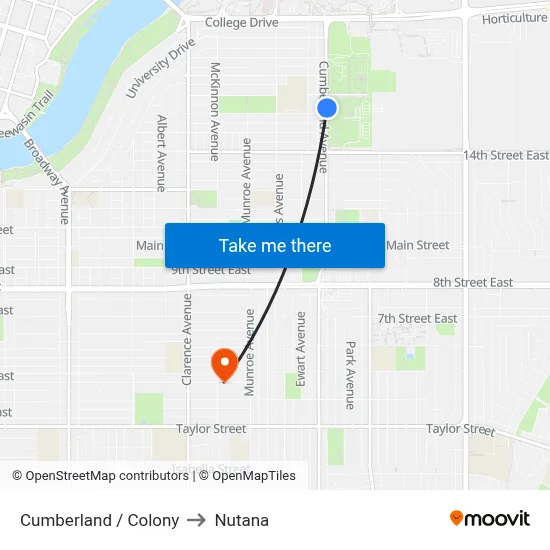 Cumberland / Colony to Nutana map