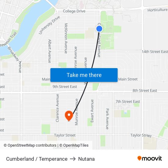 Cumberland / Temperance to Nutana map