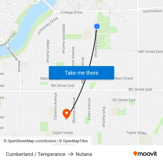 Cumberland / Temperance to Nutana map