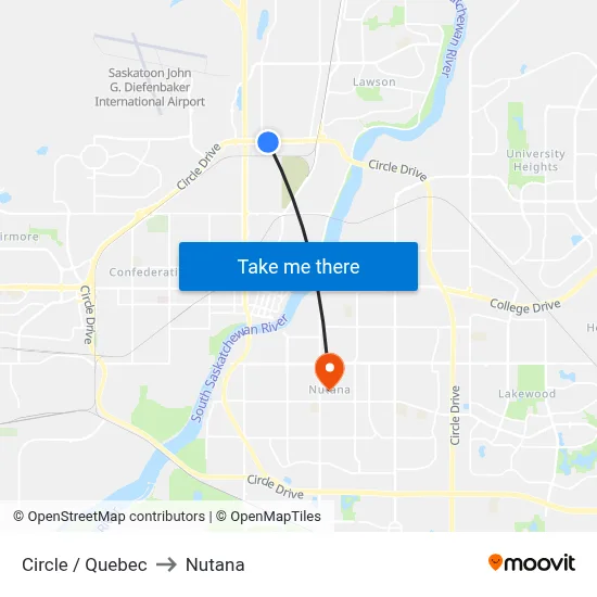 Circle / Quebec to Nutana map