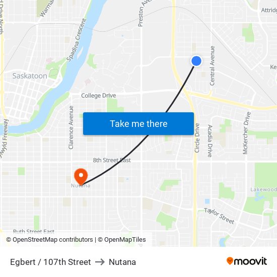 Egbert / 107th Street to Nutana map