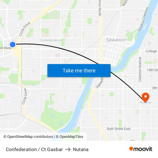 Confederation / Ct Gasbar to Nutana map