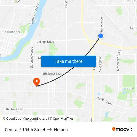 Central / 104th Street to Nutana map