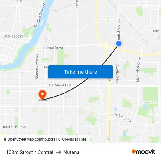 103rd Street / Central to Nutana map