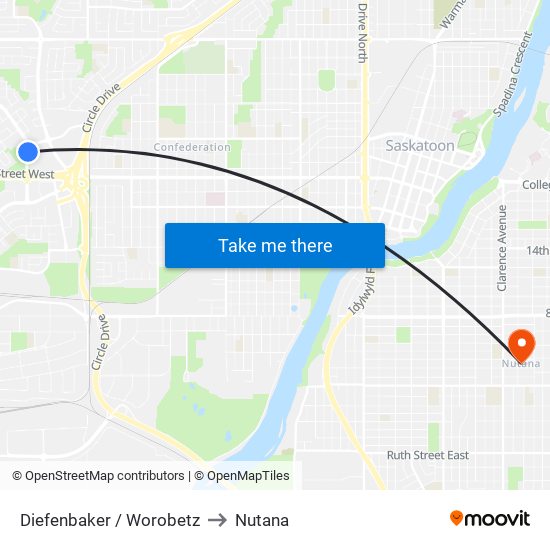 Diefenbaker / Worobetz to Nutana map