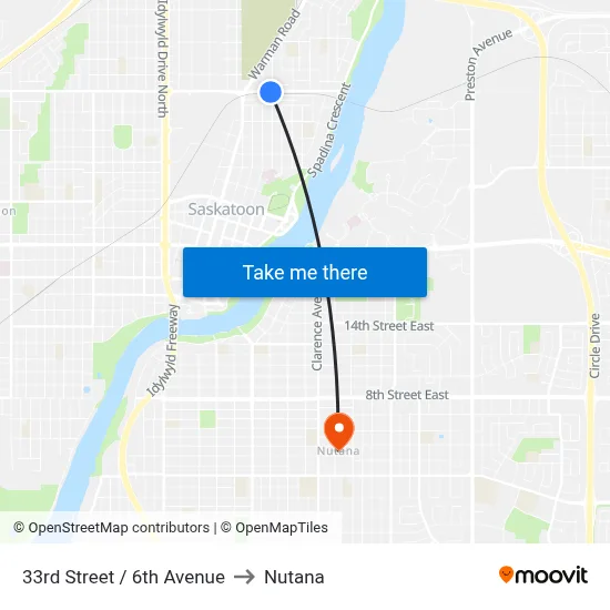 33rd Street / 6th Avenue to Nutana map