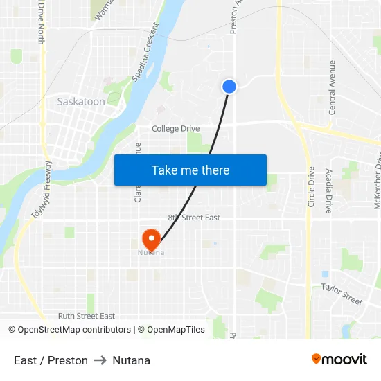 East / Preston to Nutana map