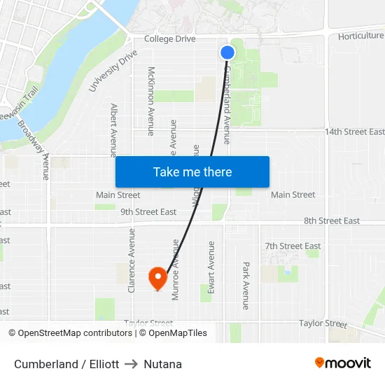 Cumberland / Elliott to Nutana map