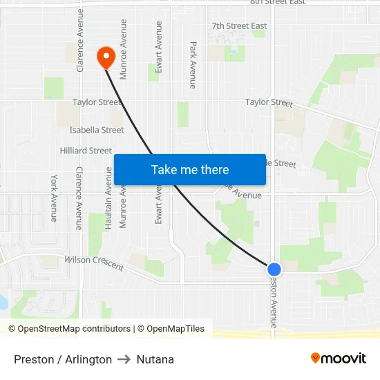 Preston / Arlington to Nutana map
