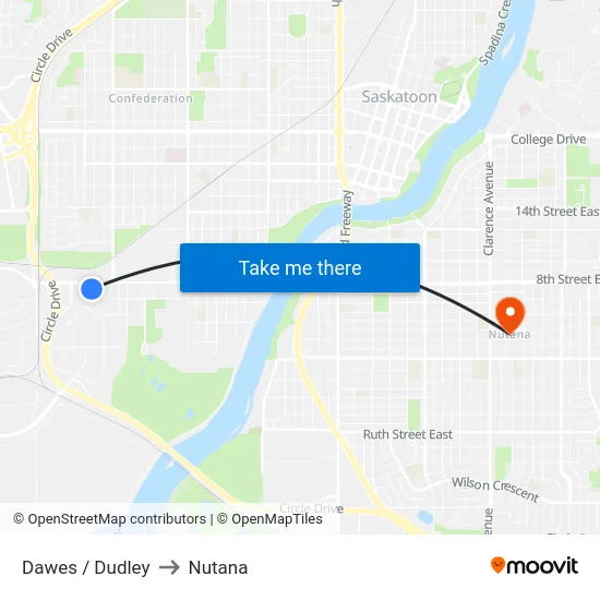Dawes / Dudley to Nutana map