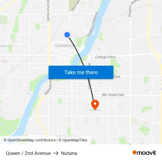 Queen / 2nd Avenue to Nutana map