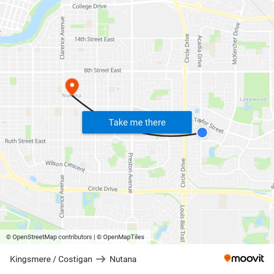 Kingsmere / Costigan to Nutana map